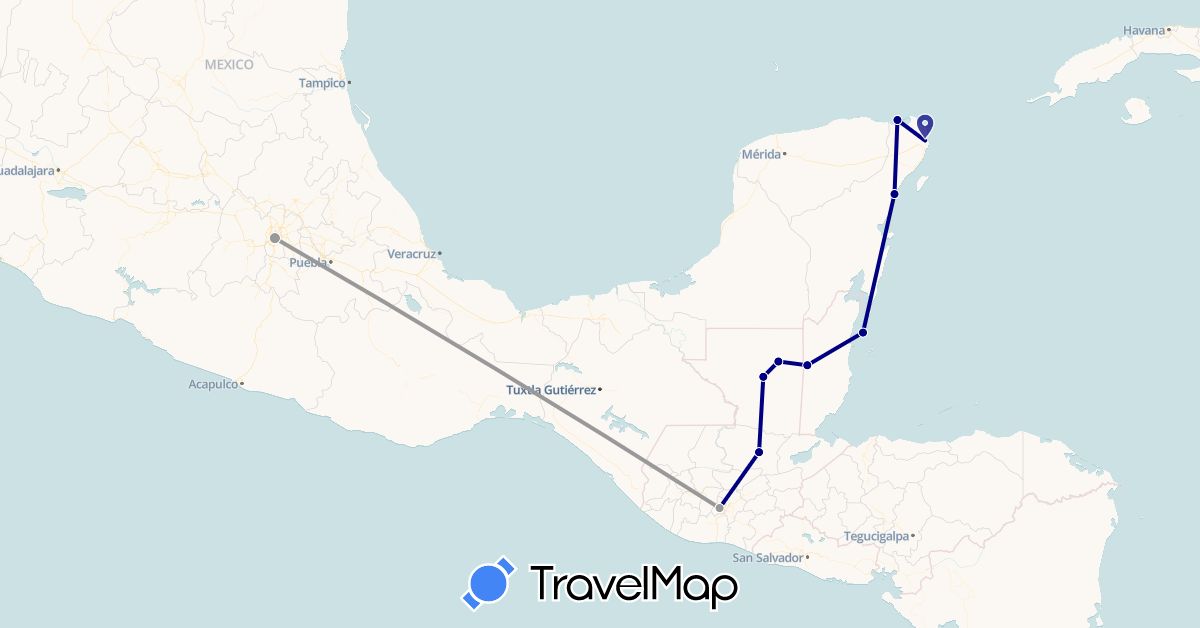 TravelMap itinerary: driving, plane in Belize, Guatemala, Mexico (North America)